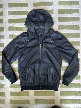 Black Leather Hooded Zip Jacket Barneys New York